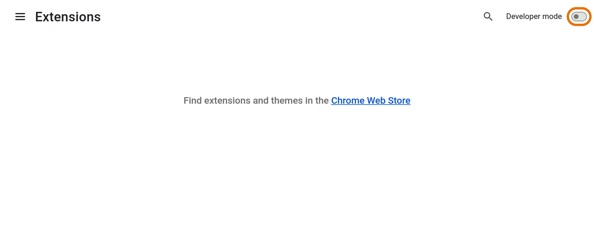 Chrome Extensions page with the Developer mode switch in the top-right corner highlighted