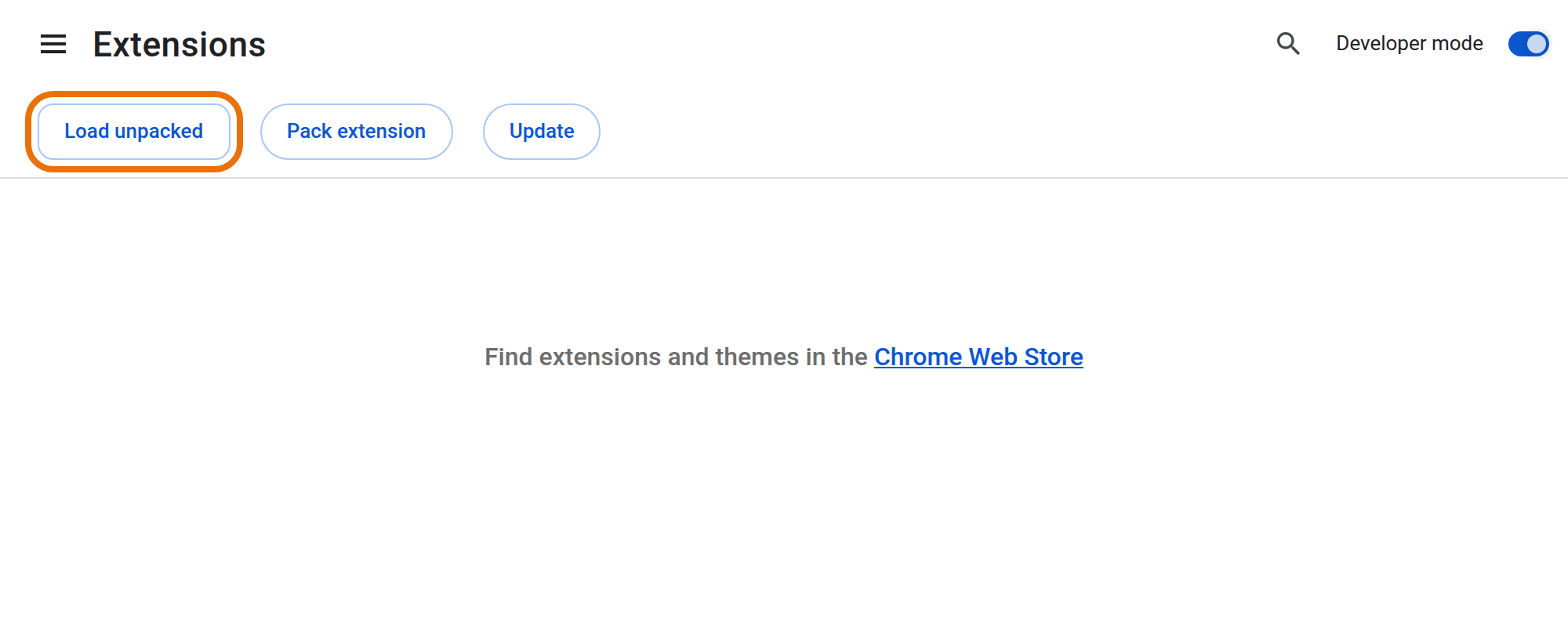 The Load unpacked button highlighted, under the Extensions title